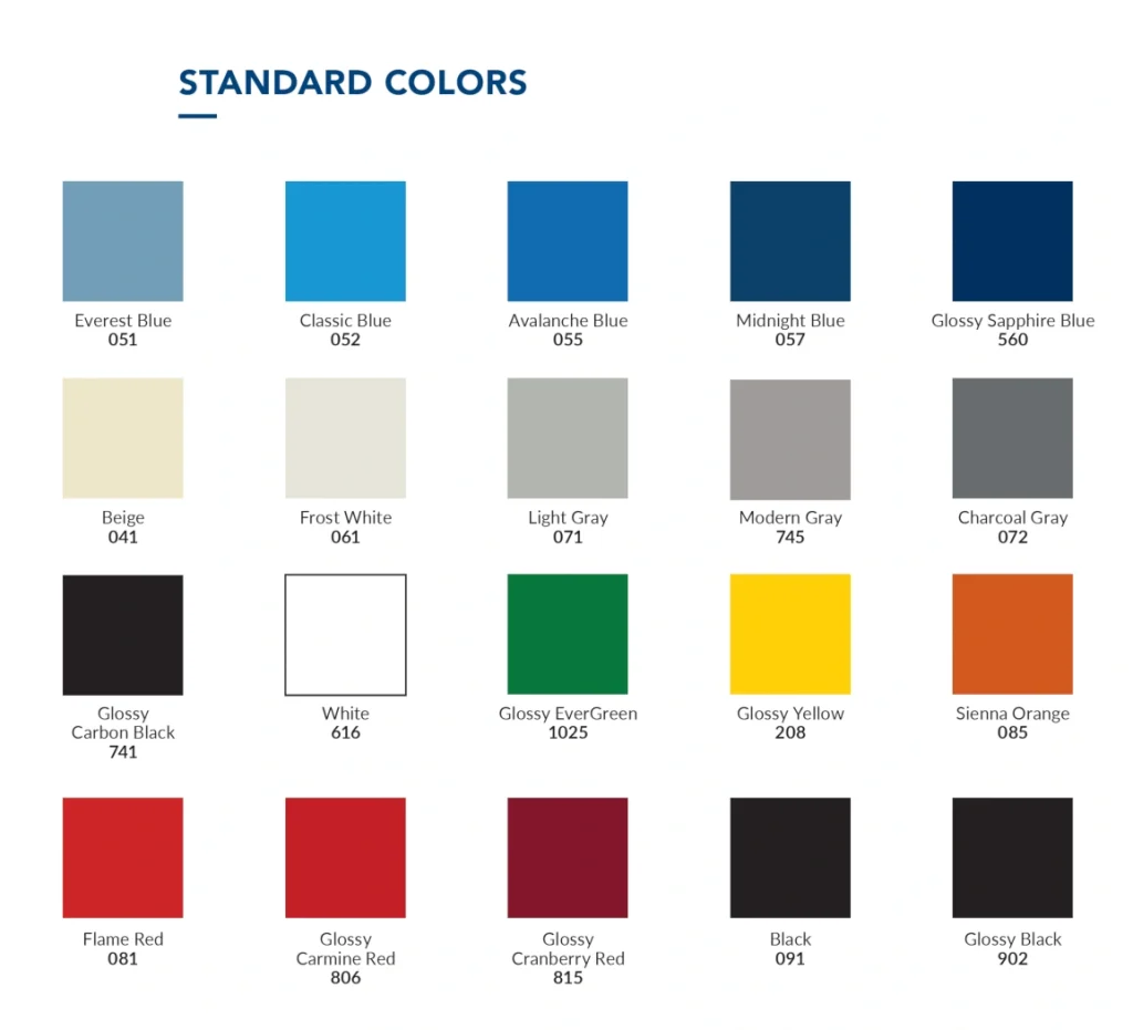 Standard colors products Rousseau metal Pedlex storage products shelving shelves cabinets toolboxes workstations Montreal Quebec everest blue carbon grey avalanche blue