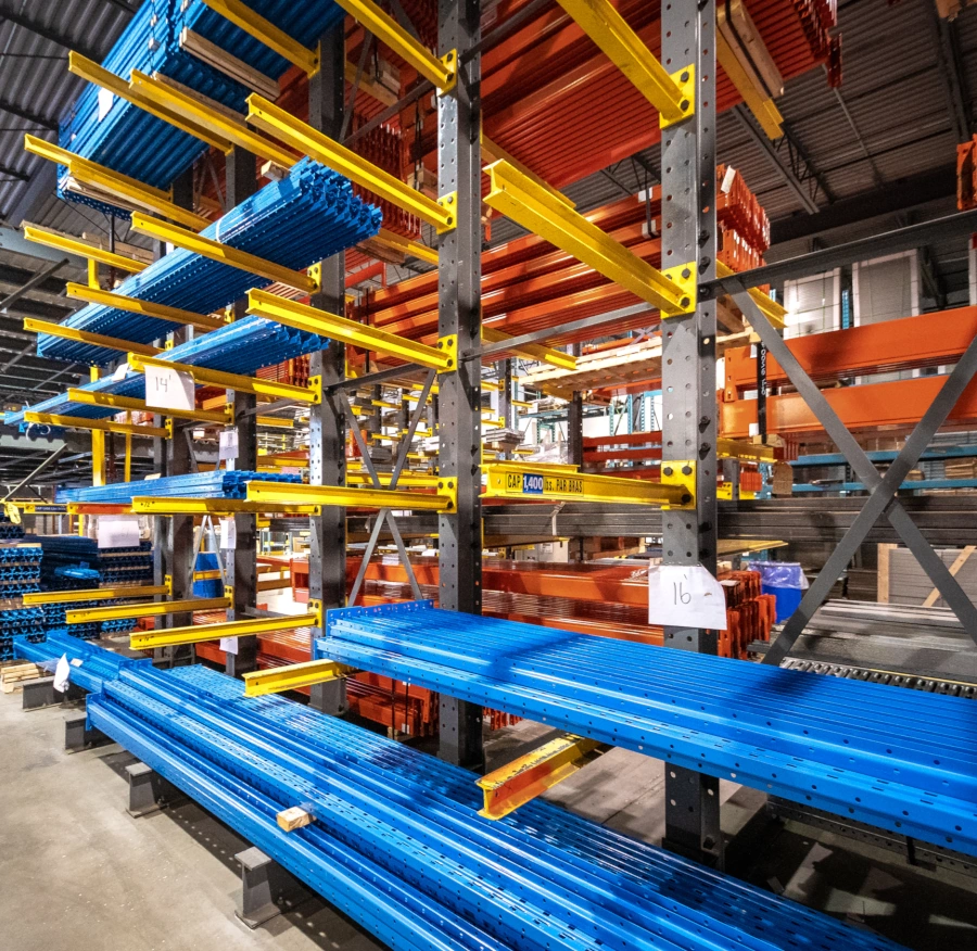 cantilever racking for storing long steel beams and industrial materials