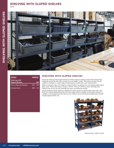Shelving with sloped shelves G01-MR26_08_Tablettes_inclinees Pedlex Rousseau metal brochure catalogue